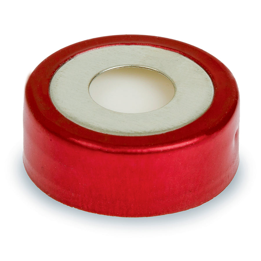 20 mm Magnetic Crimp Cap, Red Bi-Metal, 3 mm PTFE/Silicone, Septum w/8 mm Hole, 100/pk