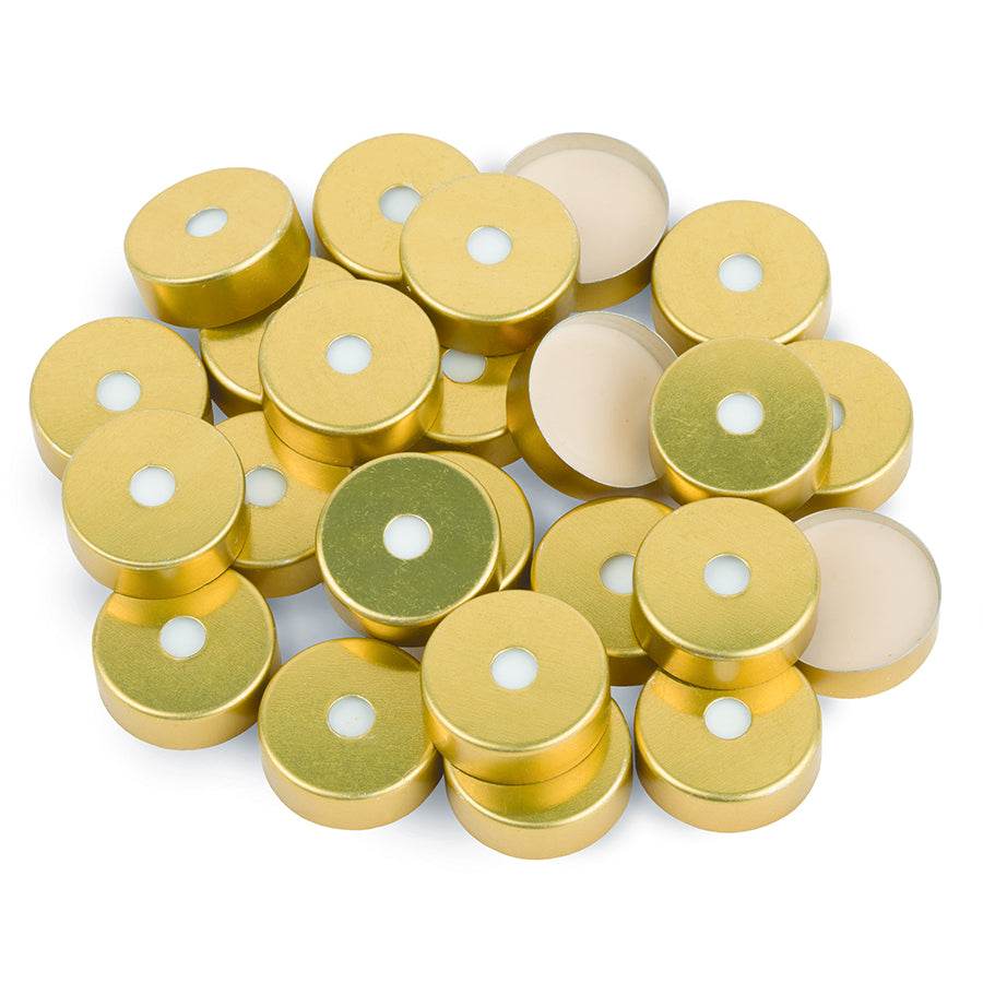 20 mm Magnetic Crimp Cap w/PTFE/Silicone Septum (tan/white) with 5 mm Hole, 100/pk