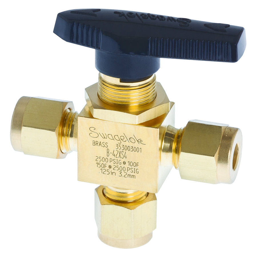 Swagelok Valve, 1/4" 3-Way Ball, Brass, ea.