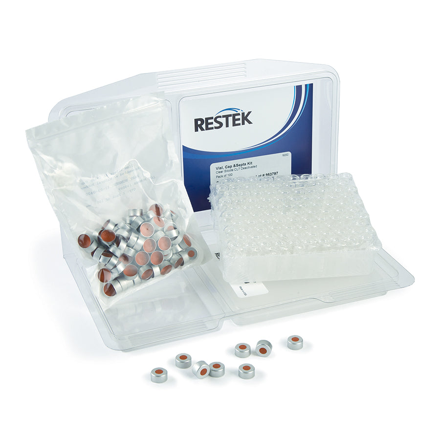Vial, Cap & Septa Kit SilCote Deact 2 mL 11 mm Clear Crmp Top Vial w/Red PTFE Rubber, 100/pk