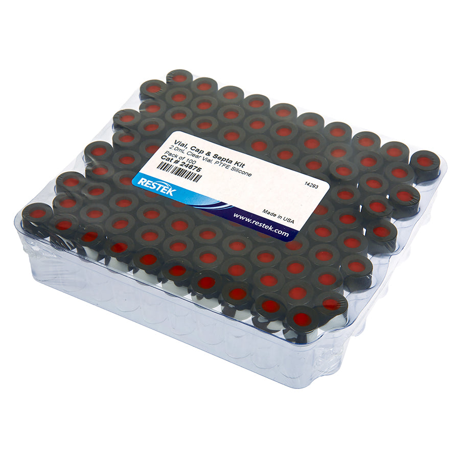 Vial, Cap & Septa Kit 2 mL Clear, Red PTFE/Silicone/Red PTFE Septa 0.040", 100/pk
