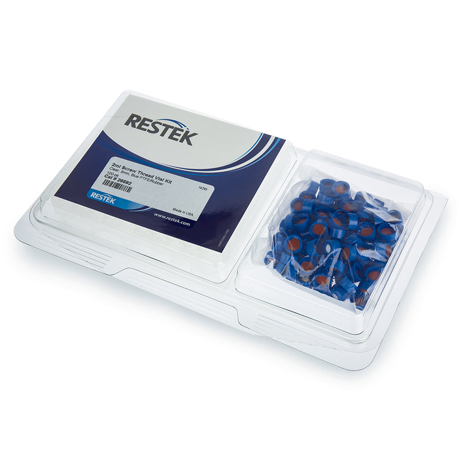 2 mL, Screw Thread Vial Kits, Clear w/Grad Marking Spot, 9 mm, Blue Cap PTFE/Silicone Liner, 100/pk
