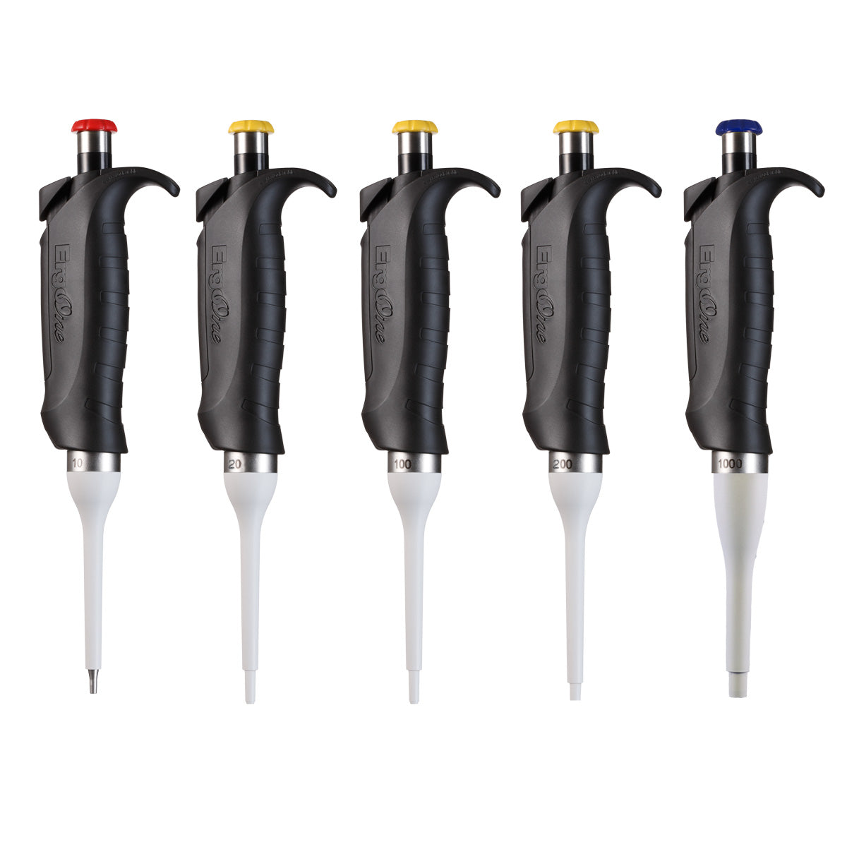 Set of 5 ErgoOne® Single Channel Pipettes. 10, 20, 100, 200, and 1000 µL