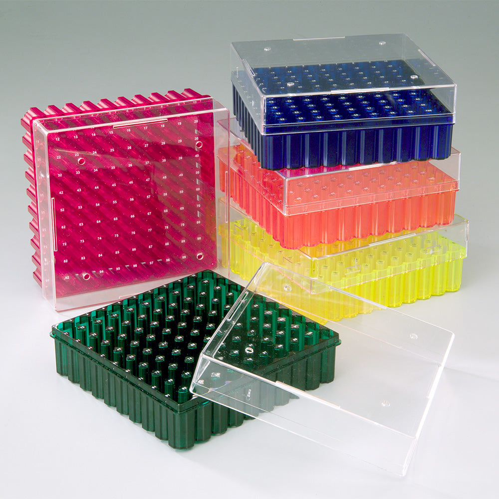 Polycarbonate 100-Place Box, Assorted Color Bases with Clear Lid, 5.2 In L x 5.2 In W x 2.1 In H, 5/Pack