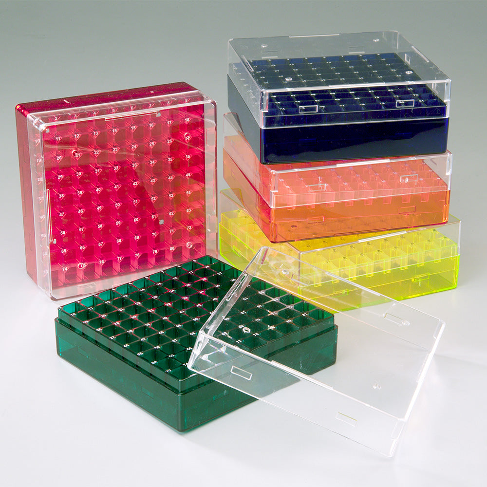 Polycarbonate 81-Place Box, Assorted Color Bases with Clear Lid, 5.2 In L x 5.2 In W x 2.1 In H, 5/Pack