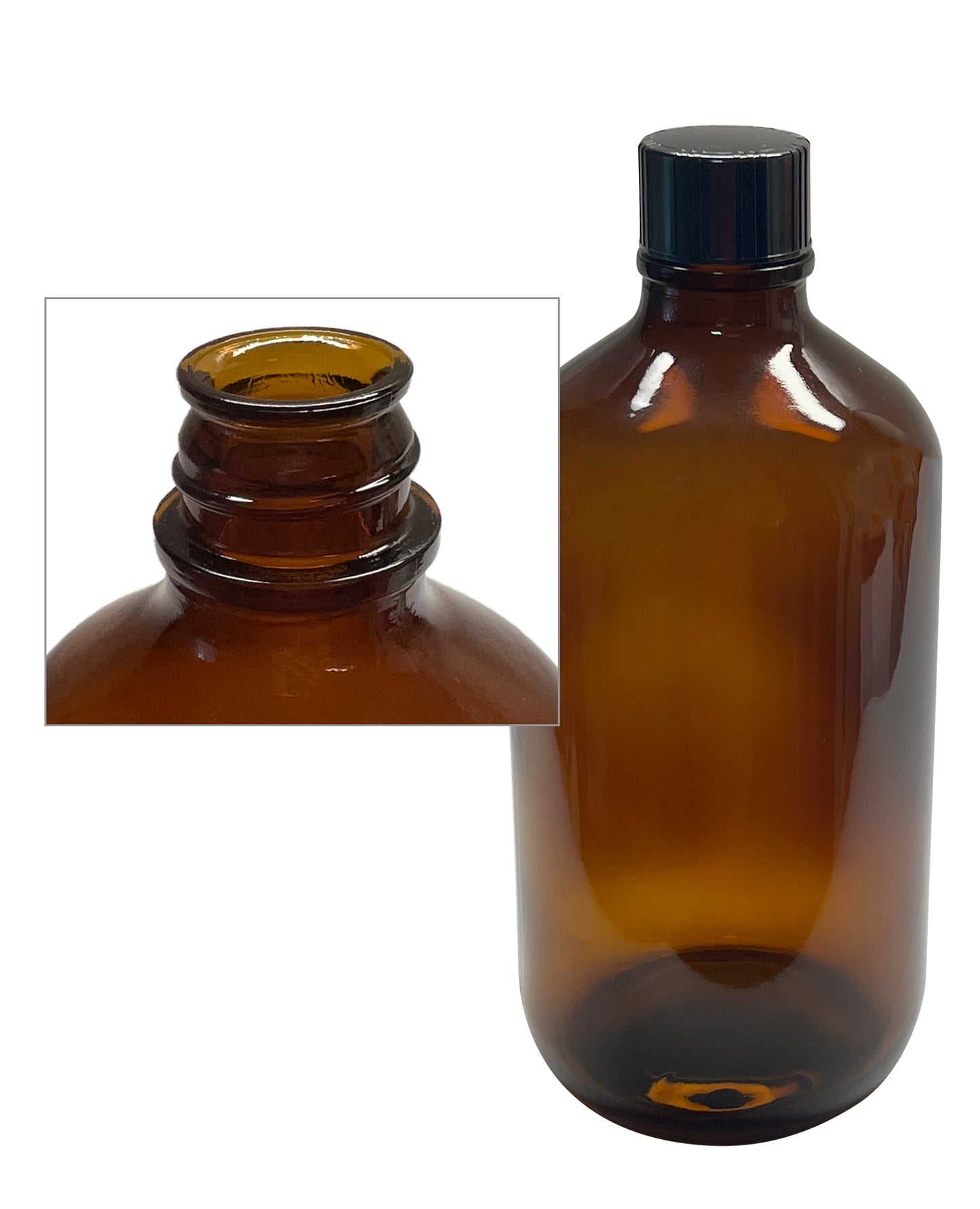 1 Liter Amber Boston Round, 94x206 mm, 33-430 mm Thread, Black Phenolic Closure, PTFE/F217 Lined