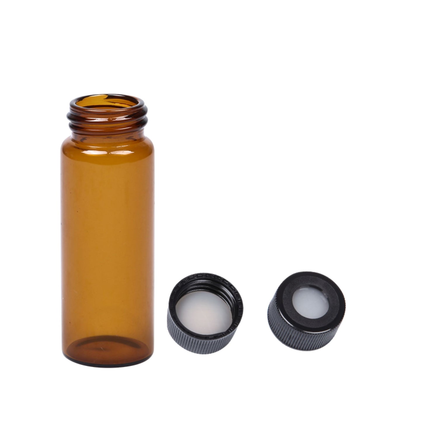 CHROMSPEC AQ EPA/VOA Screw Thread Vial, 40 mL, 28 x 95 mm, 24-400 Thread, Amber Glass, Black PP Open Top Screw Cap, Natural PTFE/Natural Silicone Septa, 100/pk