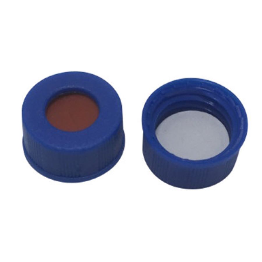 CHROMSPEC AQ Screw Cap, 9 mm, Open Top, Blue PP, 6 mm Opening, with Bonded White PTFE/Red Silicone Septum