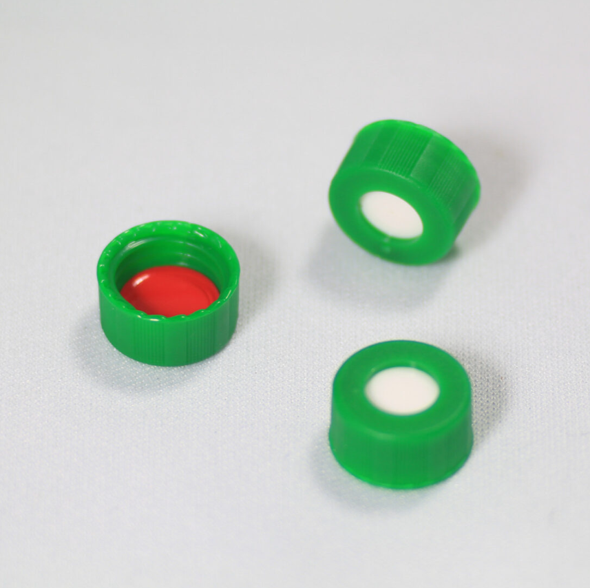 Screw Cap, CHROMSPEC, 9 mm, Open Top, Green with Pre-Slit 0.040" Red PTFE/White Easy Pierce Silicone Septum, Minimum Order Quantity of 20 Packages