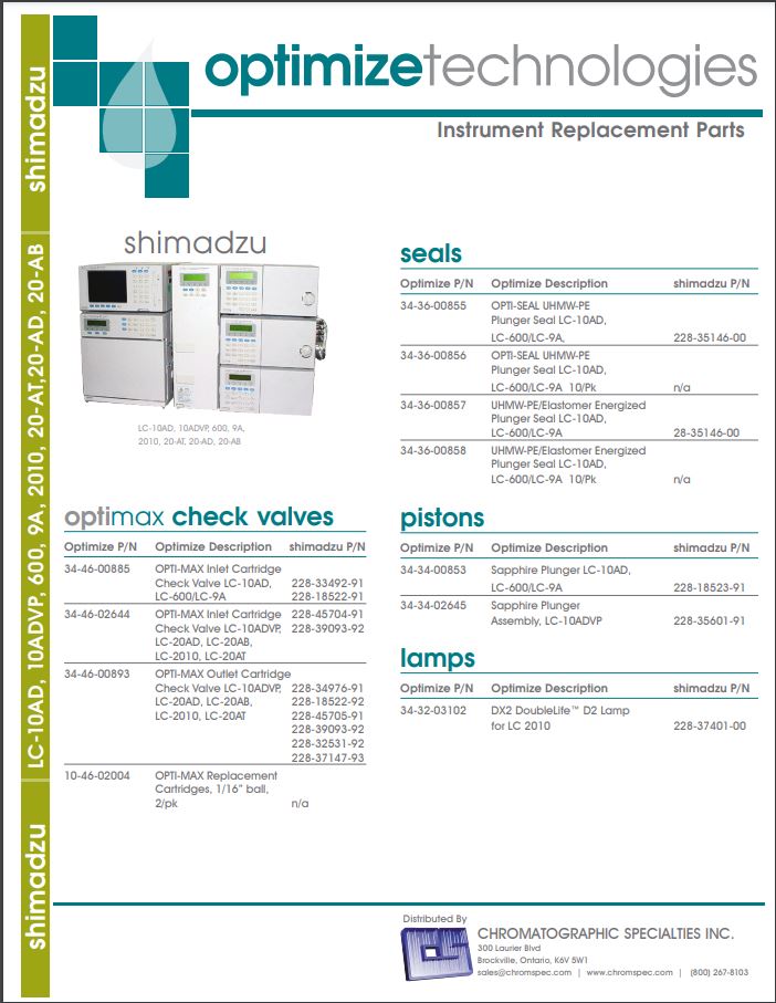 SHIMADZU LC-10AD, LC-10ADVP, LC-600, LC-9A Instrument Replacment Parts