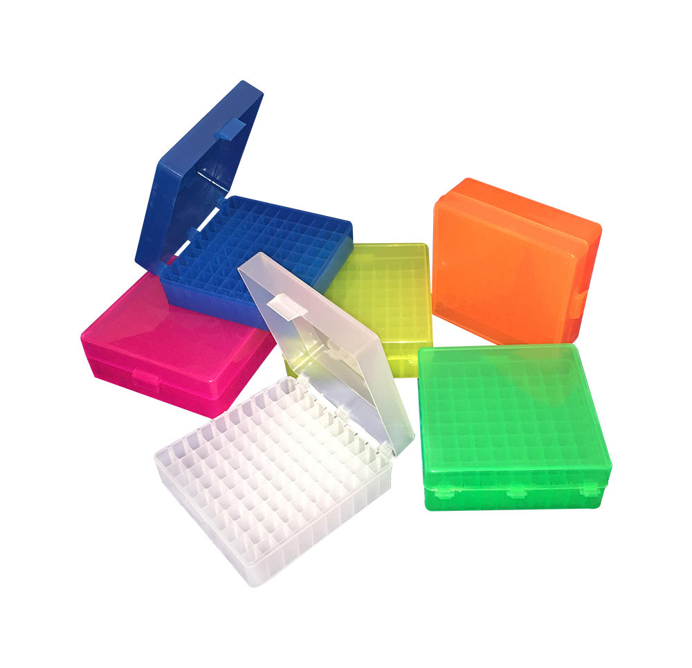 2" Hinged Top Polypropylene Plastic Box with 100 cells, Pack of 5 different colors