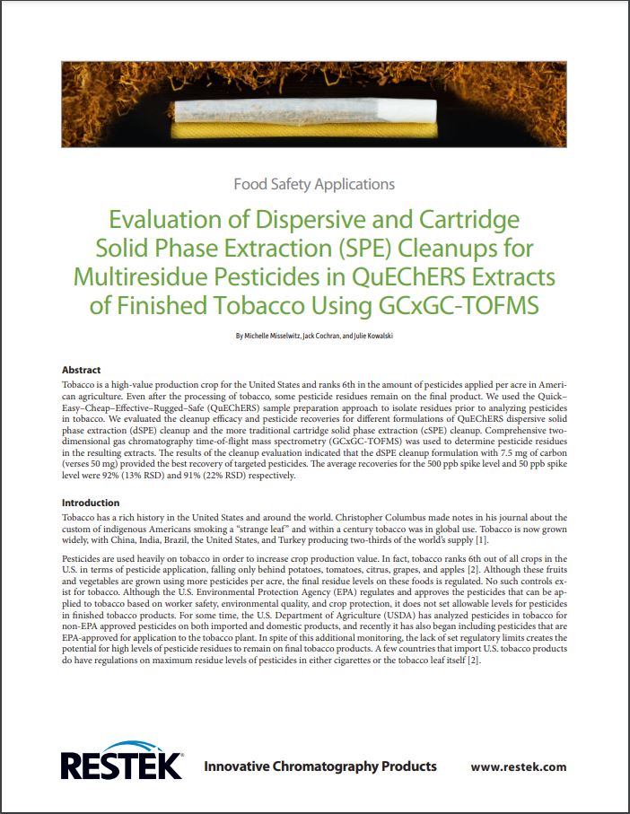 Evaluation of Dispersive and Cartridge Solid Phase Extraction (SPE) Cleanups for Multiresidue Pesticides in QuEChERS Extracts of Finished Tobacco Using GCxGC-TOFMS