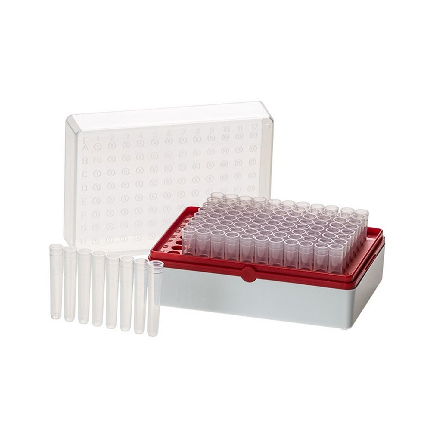 BioTube™ Racks, Rack with 12 strips of 8 tubes, Grid Plate Color - Red, Non-sterile