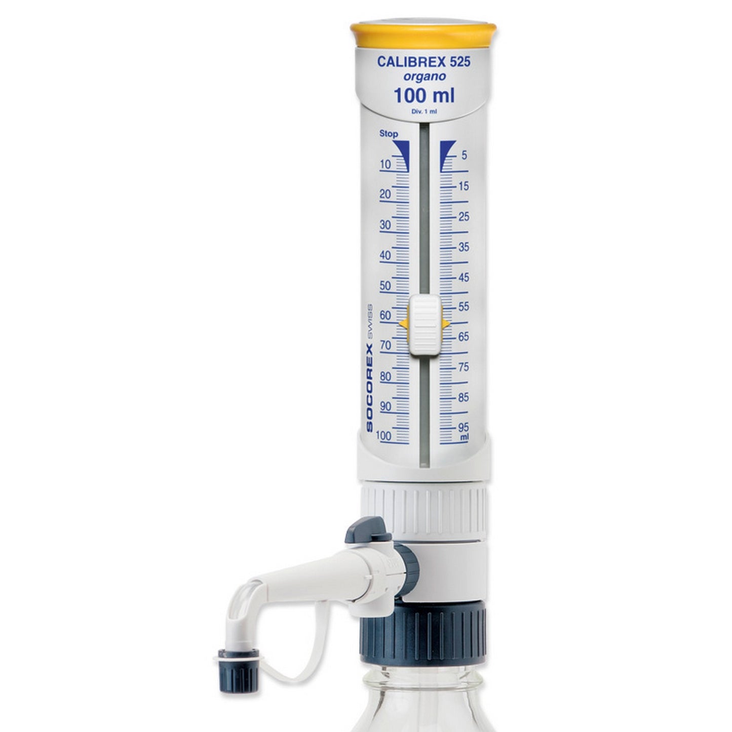 Calibrex™ organo 525 Bottle-top Dispenser, Ground Glass Plunger, Stopcock, Autoclavable, 2.5 - 25 mL