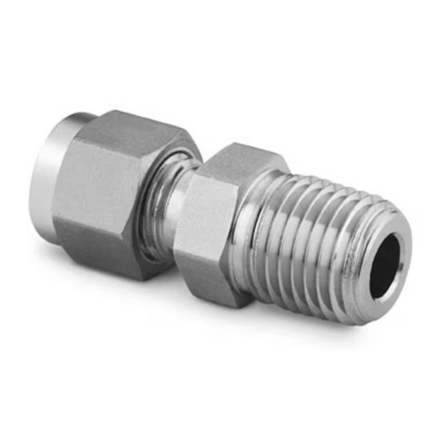 Stainless Steel Swagelok Tube Fitting, Bored-Through Male Connector, 1/8" Tube OD x 1/4" Male NPT