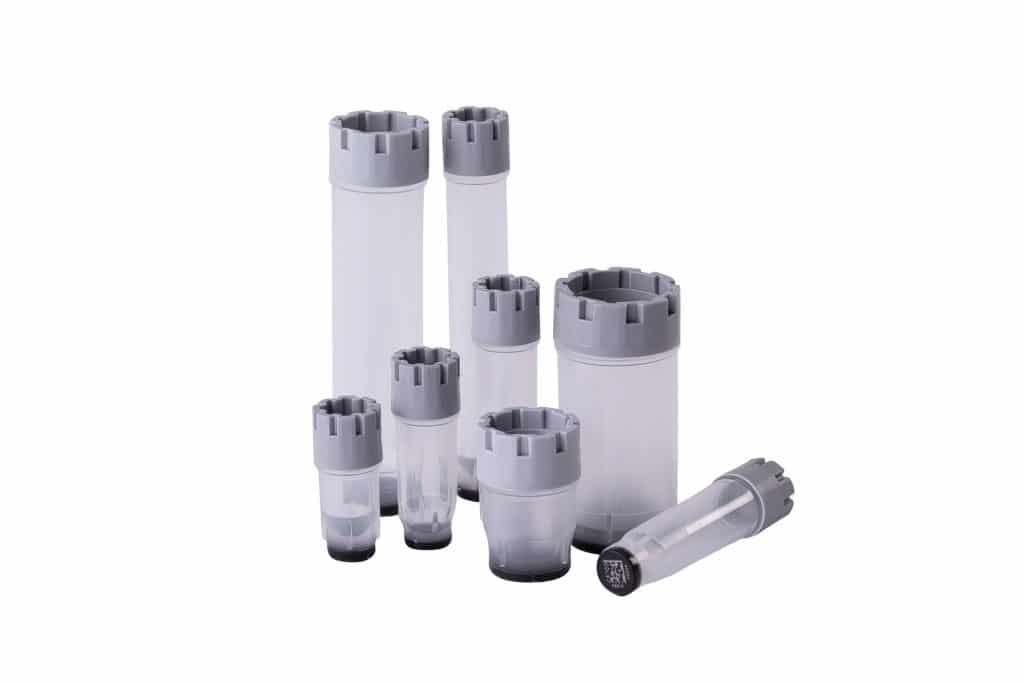 1.40 mL Non coded Screw Cap tubes with External Thread V-bottom precapped with Grey Screw Cap IG in Micronic 96-4 Rack with high cover (Barcoded A1-H1 side), 2 x 10 racks
