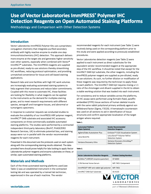 Application Note: Use of Vector Laboratories ImmPRESS® Polymer IHC Detection Reagents on Open Automated Staining Platforms