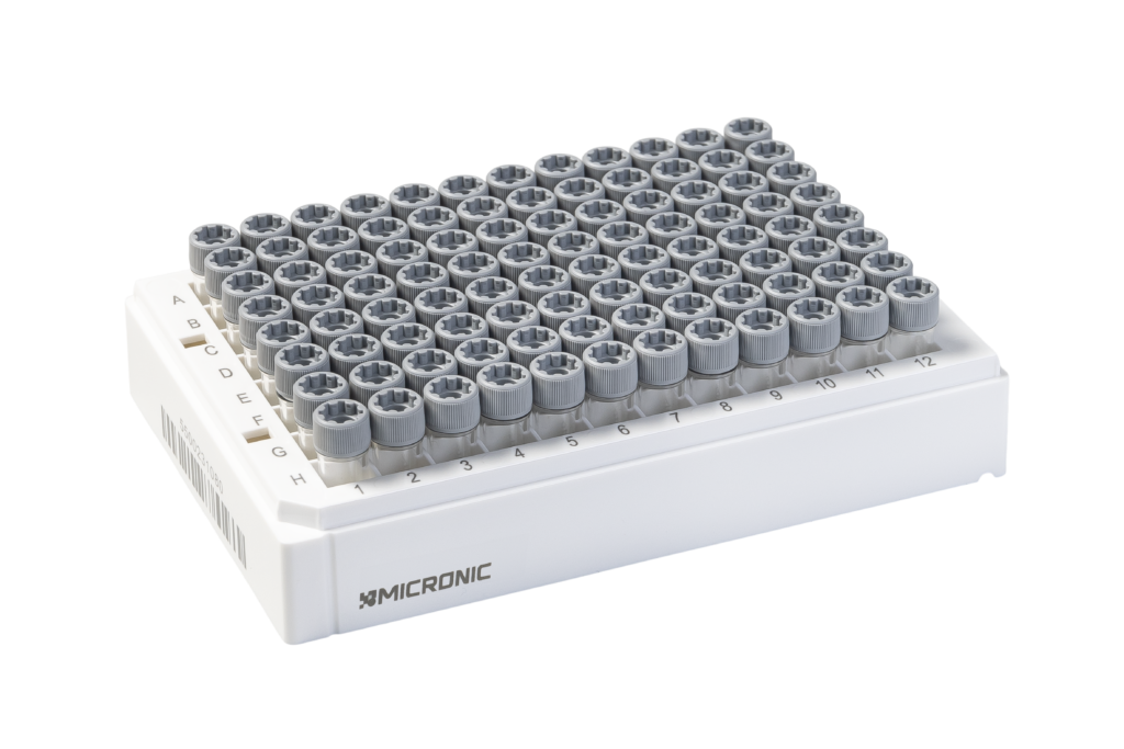 0.75 mL 2D Data-Matrix coded X-Clear Screw Cap tubes with External Thread V-bottom in Micronic 96-2-DM Rack with high cover (Barcoded A1-H1 side), 4 x 10 racks