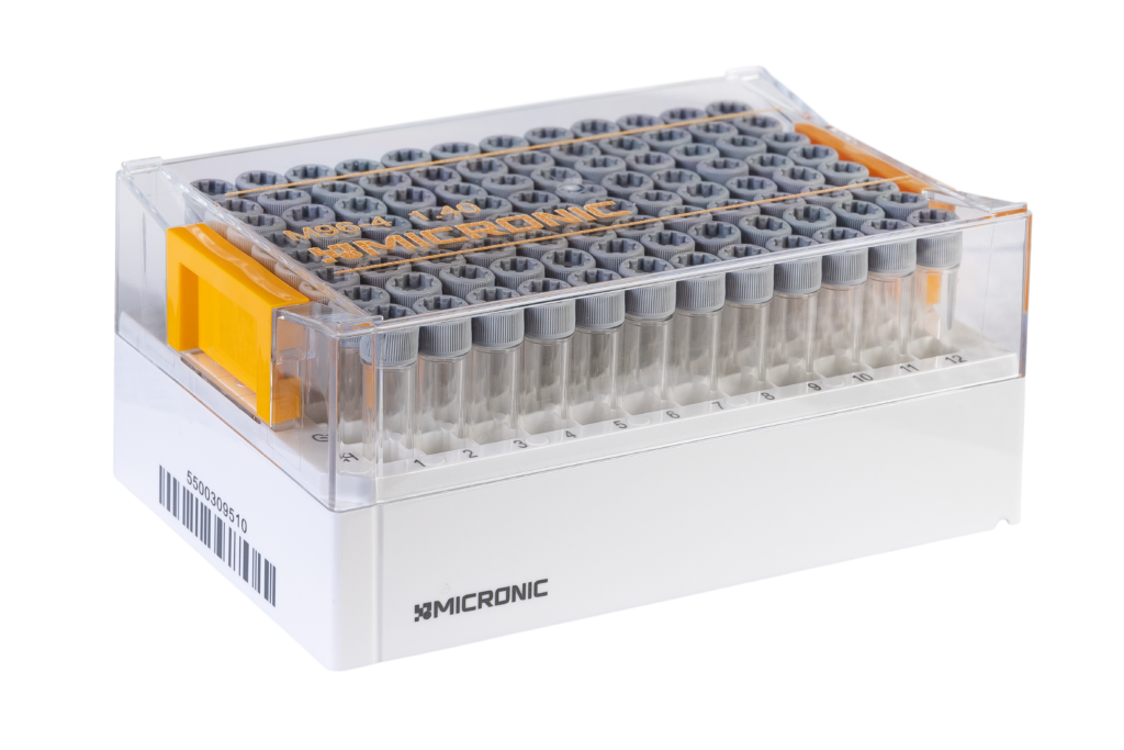 1.40 mL 2D Data-Matrix Coded X-Clear Screw Cap Tubes with External Thread V-bottom in Micronic 96-4-DM Rack with High Cover (Barcoded A1-H1 side), 2 x 10 Racks