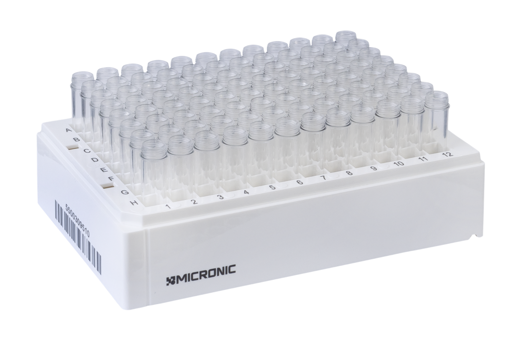 1.40 mL 2D Data-Matrix Coded X-Clear Screw Cap Tubes with External Thread V-bottom in Micronic 96-4-DM Rack with High Cover (Barcoded A1-H1 side), 2 x 10 Racks