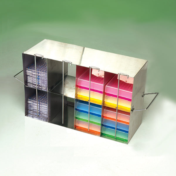 8-Place (4 Long x 2 High) Upright Freezer Rack For Multiple Well Plates, 14 3/4 In L x 5 1/2 In W x 9 1/4 In H, Stainless Steel
