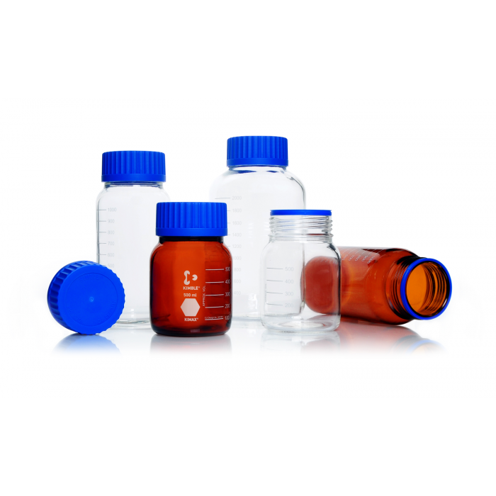 Media Bottle, GLS80, 2000 mL, Clear 3.3 USP Borosilicate Glass, with Blue Polypropylene Cap and Pour Ring