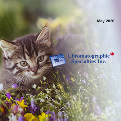 Cat in flowers with Chromatographic Specialties Inc. logo