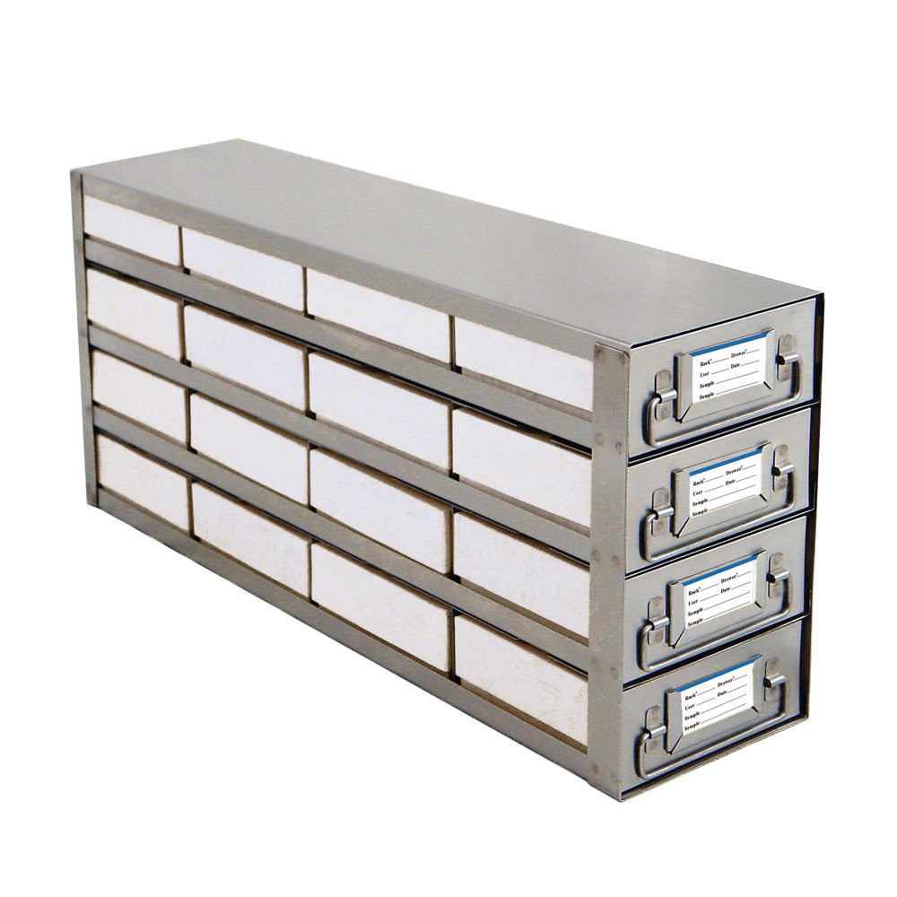 16-Place (4 Long x 4 High) Upright Freezer Sliding Rack For 2 In H Boxes, 22 In L x 5 1/2 In W x 9 7/16 In H, Stainless Steel