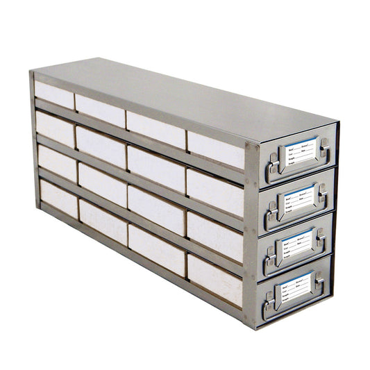 16-Place (4 Long x 4 High) Upright Freezer Sliding Rack For 2 In H Boxes, 22 In L x 5 1/2 In W x 9 7/16 In H, Stainless Steel