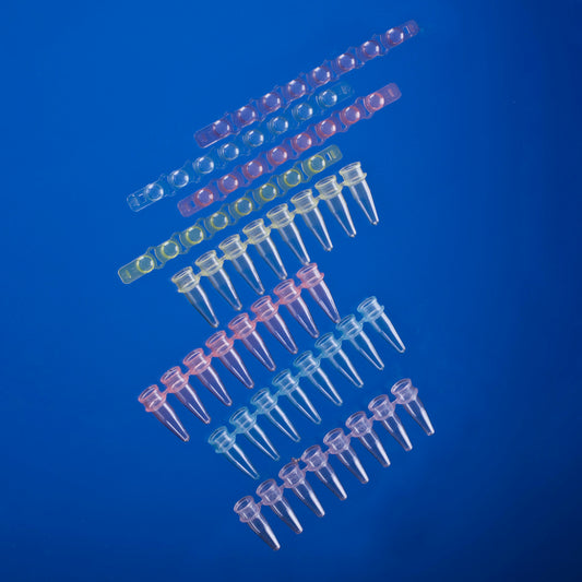 0.2 mL Tempassure PCR 8-Tube Flex-Free Strips with Individually Attached, Optically Clear Flat Caps.  Tubes Are Assorted Colors, Caps Are Natural.  10 Bags of 12 Strips.
