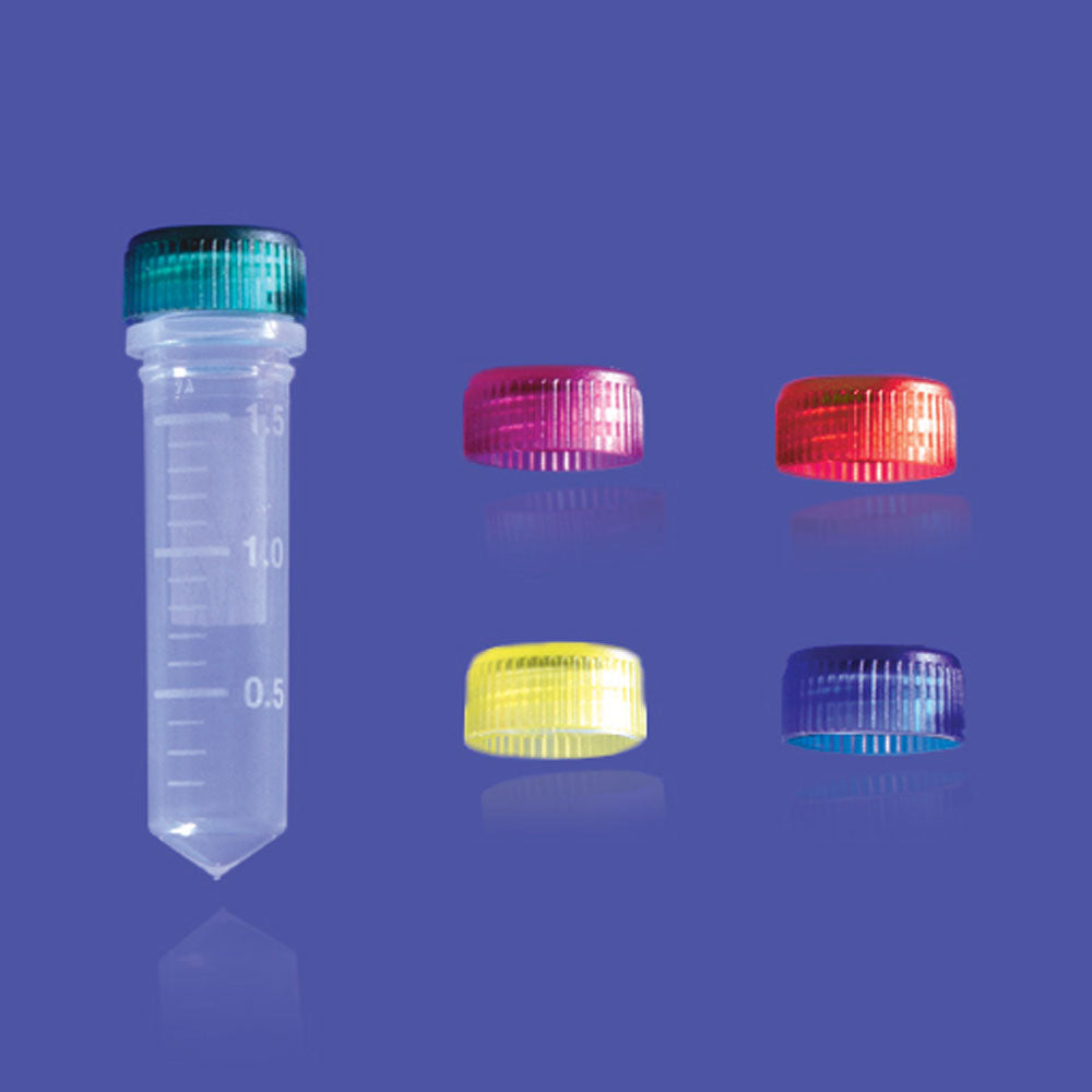 Image of US14208799 - 2.0 mL Conical Base Screw Cap Microcentrifuge Tube, Graduated, Natural with Mixed Color Caps, 500/Pack