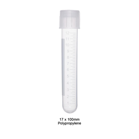 Culture Tube, 14 mL, 17x100 mm, PP, with Cap, Sterile, 1/Sterile Peel, 500/pk