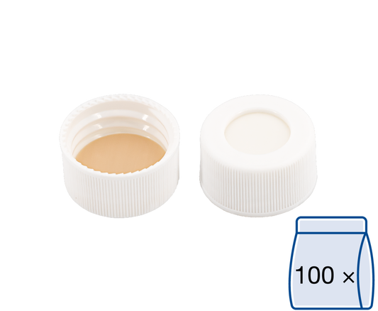 Screw Cap, Open Top, 24-414, White PP, Bonded 3.2 mm Thick Beige PTFE/White Silicone,100/pk