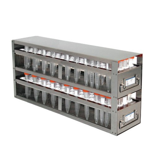 2-Drawer Upright Freezer Rack For 15 mL Tubes, 160 Tube Capacity, 22 In L x 5 1/2 In W x 9 15/16 In H, Stainless Steel