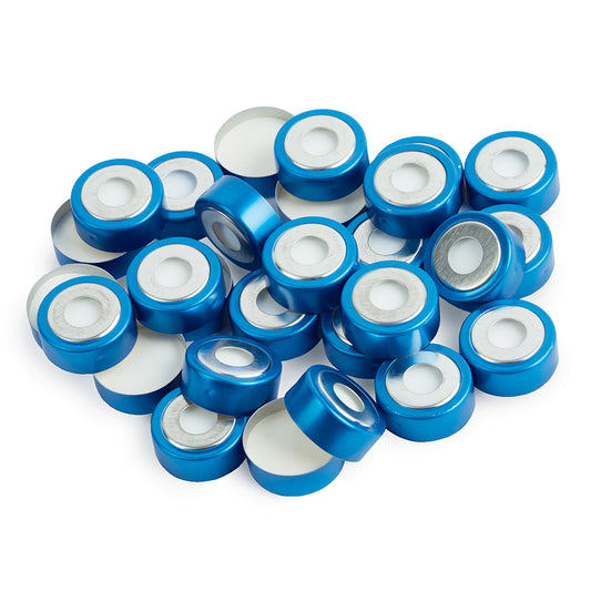 20 mm Magnetic Crimp Cap, Blue Bi-Metal, 3 mm PTFE/Silicone, Septum w/8 mm Hole, 1,000/pk