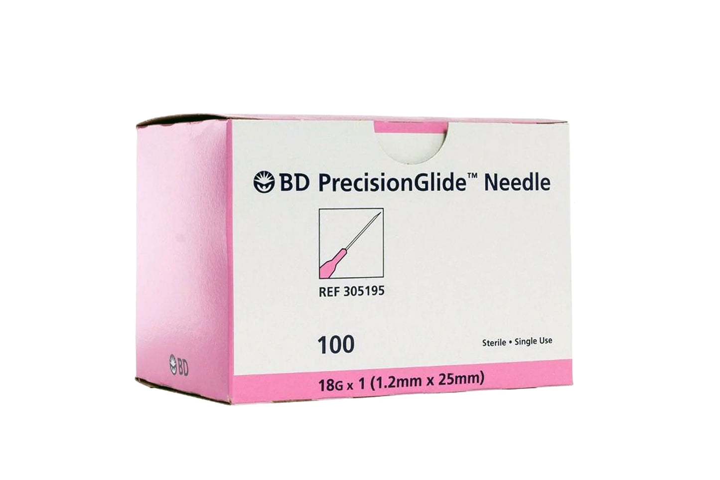 BD Precision Glide Hypodermic Needles, 18 Gauge x 1", Sterile, 100/pk