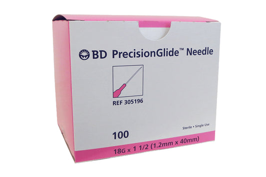 BD Precision Glide Hypodermic Needles, 18 Gauge x 1 1/2", Sterile, 100/pk