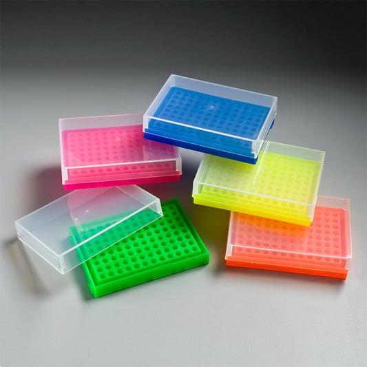 Compact Polypropylene PCR Tube Rack, Mixed Neon Colors, 5 In L x 3 1/2 In D x 1 5/16 In H, 5/Pack