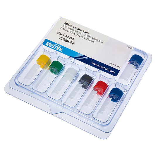 Rinse/Waste Vials, 4mL w/graduated marking spots and diffusion caps: 2 each of 6 different colors, for Agilent 7673, 7683 & 7693 and Thermo AS 1310 Autosamplers , 12/pk