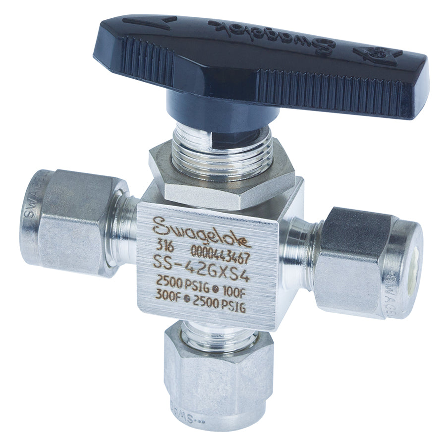 Swagelok Valve, 1/4" 3-Way Ball, Stainless Steel, ea.