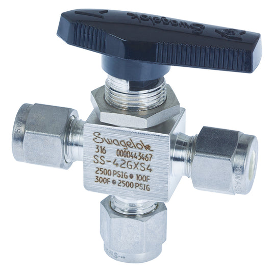 Swagelok Valve, 1/4" 3-Way Ball, Stainless Steel, ea.