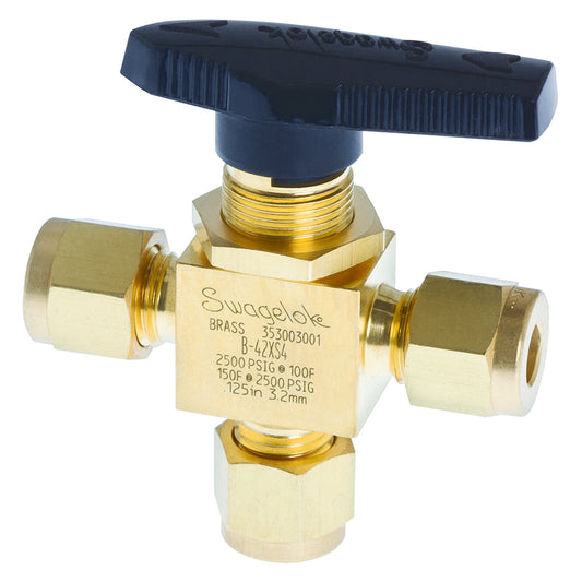 Swagelok Valve, 1/4" 3-Way Ball, Brass, ea.
