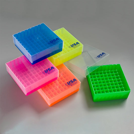 Polypropylene 81-Place Box with Color Bottom and Clear Lid, Mixed Neon Colors, 5 1/8 In L x 5 1/8 In W x 1 7/8 In H, 5/Pack