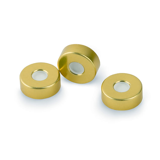 SPME Vial Cap, 20 mm, Gold, Steel Crimp with MicroCenter PTFE/Silicone Septa, 100/pk