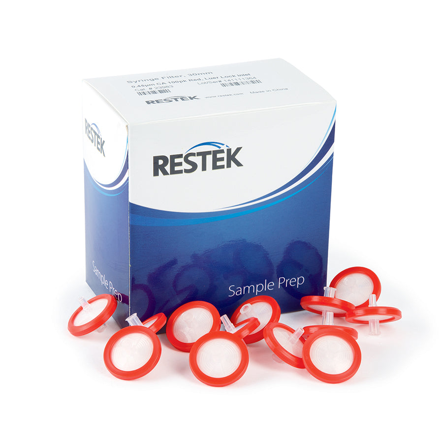 30 mm Syringe Filter, 0.45um, Cellulose Acetate, red, luer-lock, 100/pk