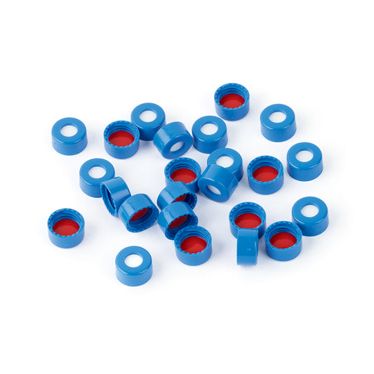 Caps, Short Screw, 9 mm, PTFE/Silicone Septa, Blue, 100/pk
