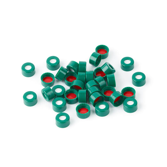 Caps, Short Screw, 9 mm, PTFE/Silicone Septa, Green, 100/pk