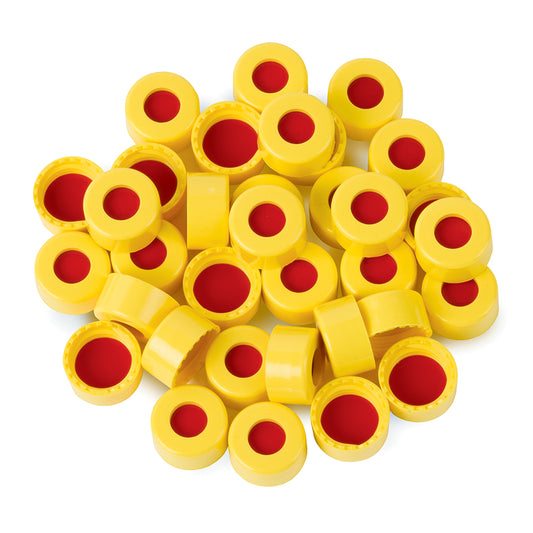 Caps, Short Screw, 9 mm, PTFE/Silicone/PTFE Septa, Yellow, 100/pk
