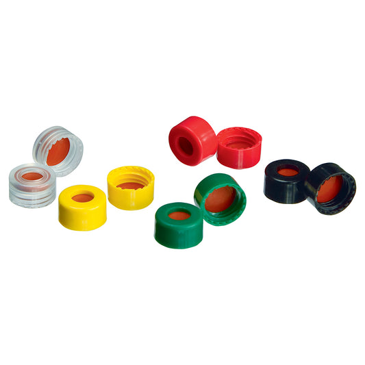 Caps, Short Screw, 9 mm, PTFE/Butyl Rubber Septa, Mixed, 500/pk