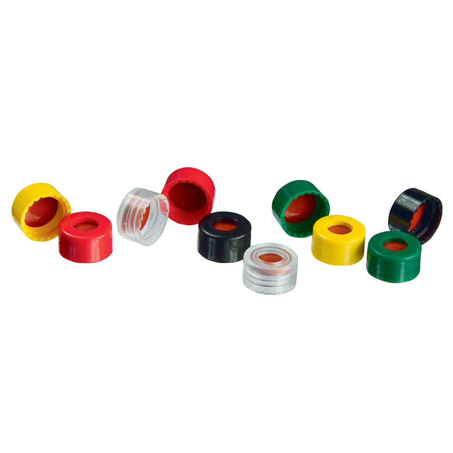 Caps, Short Screw, 9 mm, PTFE/Silicone/PTFE Septa, Mixed, 500/pk